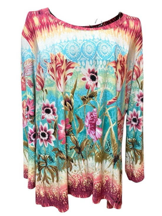 Investments Tops - Floral Watercolor Long-Sleeve Scoop Neck Top - Teal & Pink XL